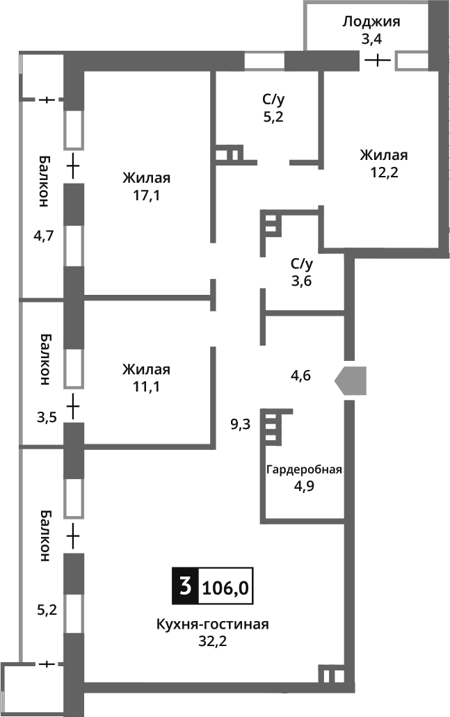 Планировка — Отрада на реке, 4-комн., 100 м²