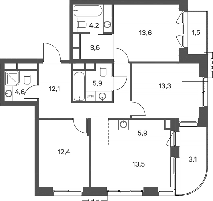 Планировка — Родина Парк, 4-комн., 89 м²