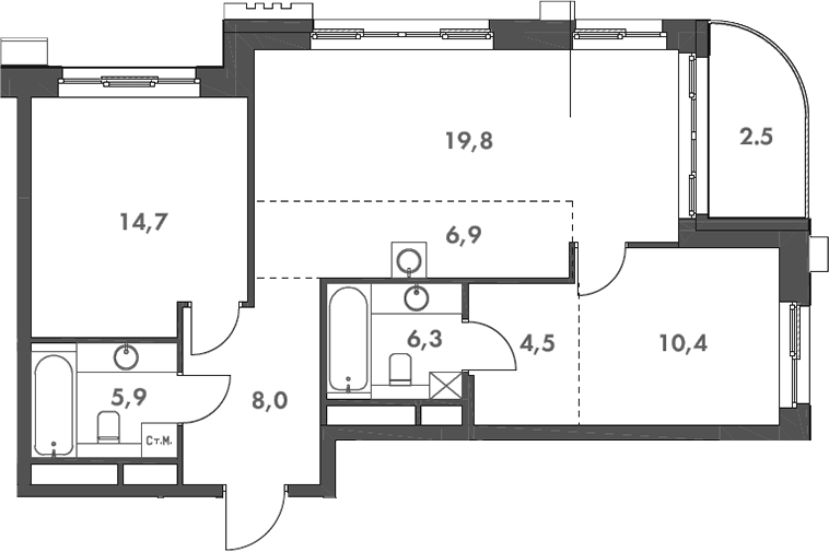 Планировка — Родина Парк, 3-комн., 77 м²