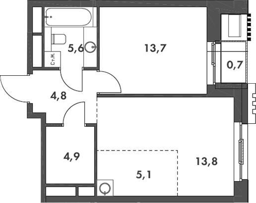 Планировка — Родина Парк, 2-комн., 48 м²