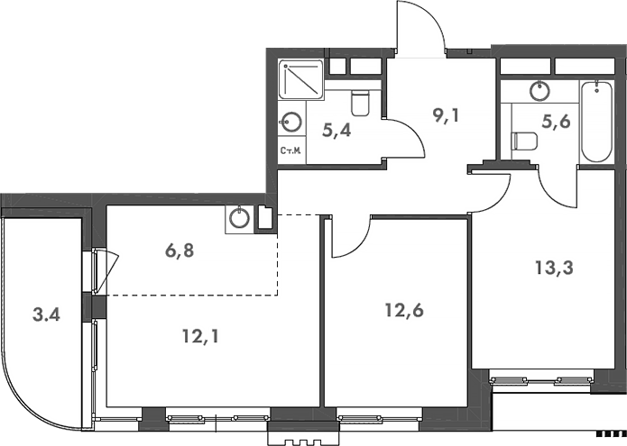 Планировка — Родина Парк, 3-комн., 65 м²