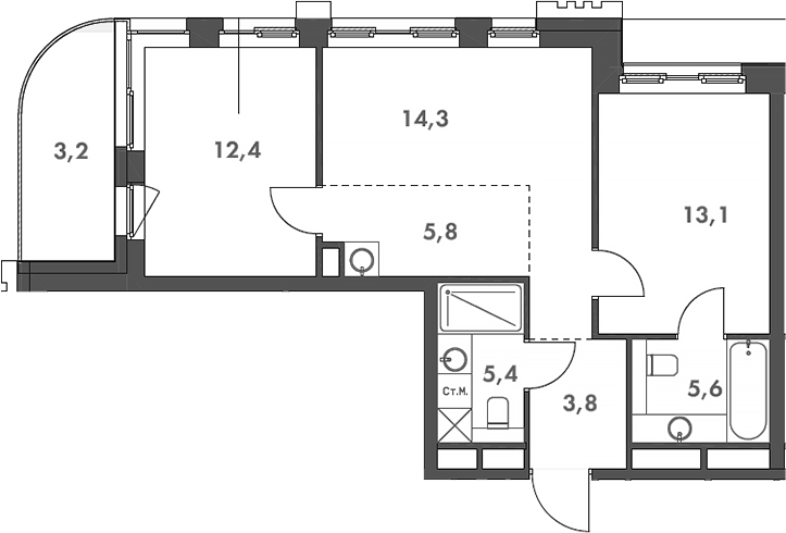 Планировка — Родина Парк, 3-комн., 60 м²