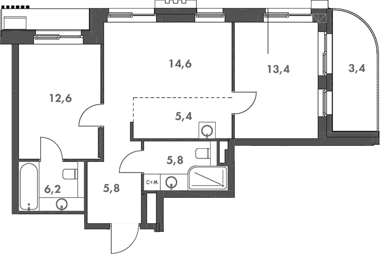 Планировка — Родина Парк, 3-комн., 64 м²