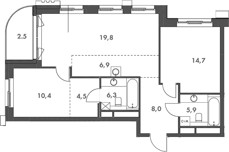 Планировка — Родина Парк, 3-комн., 77 м²