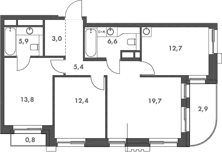 Планировка — Родина Парк, 4-комн., 80 м²