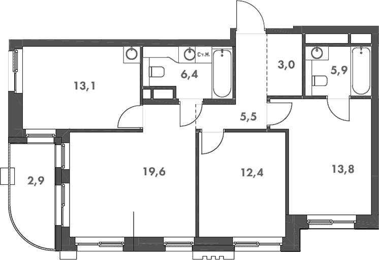 Планировка — Родина Парк, 4-комн., 80 м²