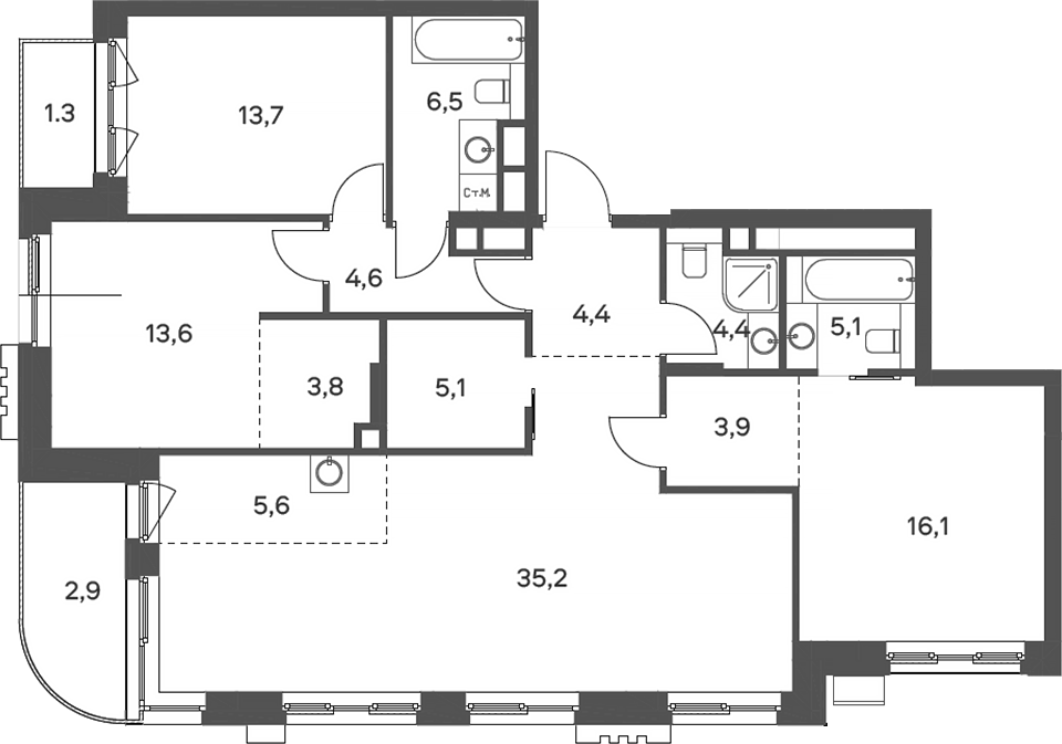 Планировка — Родина Парк, 4-комн., 121 м²