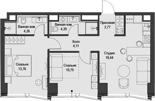 Планировка — Феймос, 3-комн., 58 м²