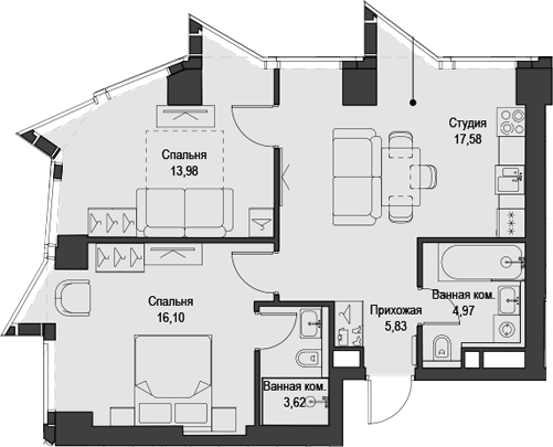 Планировка — Феймос, 3-комн., 62 м²