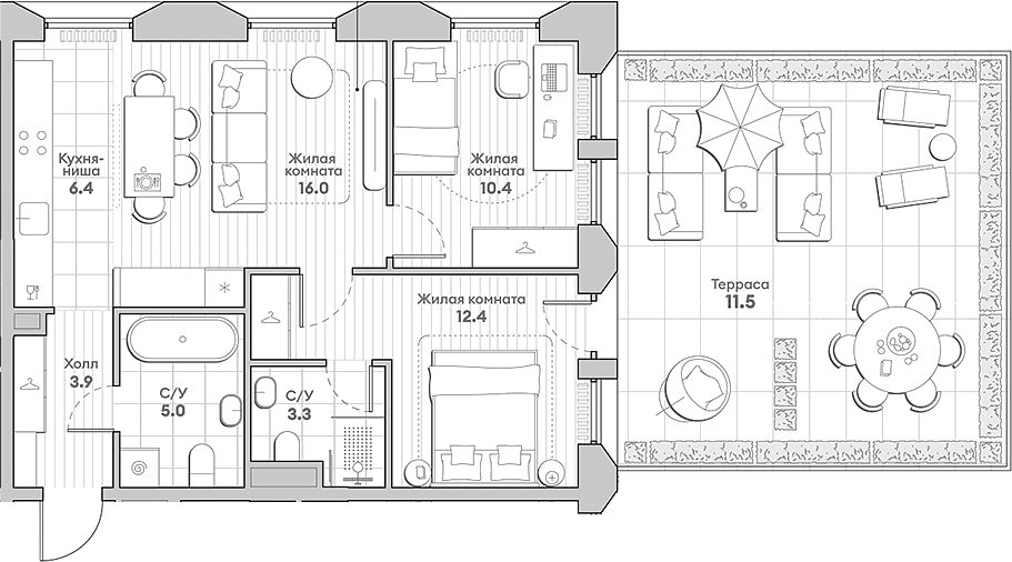Планировка — Среда на Лобачевского, 3-комн., 60 м²