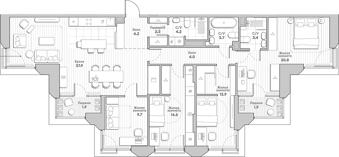 Планировка — Среда на Лобачевского, 4-комн., 121 м²