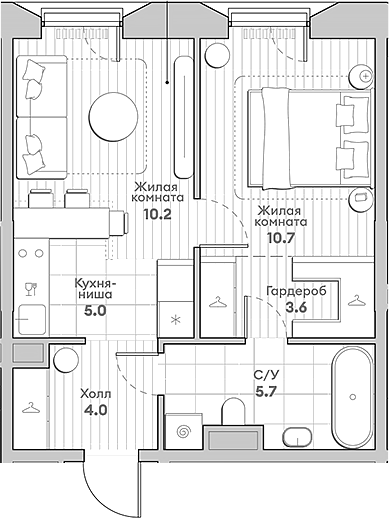 Планировка — Среда на Лобачевского, 2-комн., 39 м²