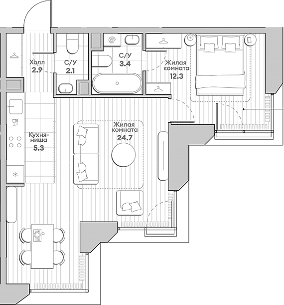 Планировка — Среда на Лобачевского, 2-комн., 51 м²