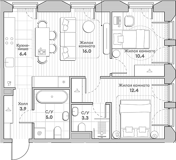 Планировка — Среда на Лобачевского, 3-комн., 57 м²