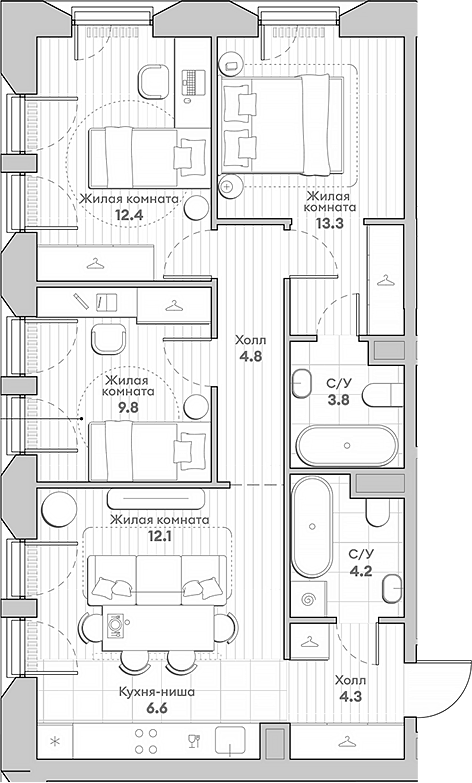 Планировка — Среда на Лобачевского, 4-комн., 71 м²