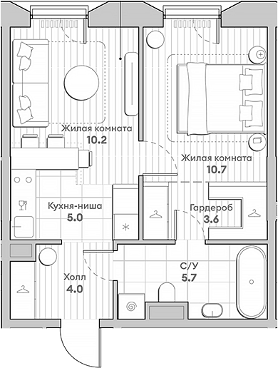 Планировка — Среда на Лобачевского, 2-комн., 39 м²