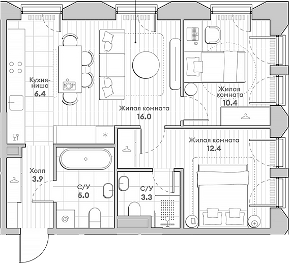 Планировка — Среда на Лобачевского, 3-комн., 57 м²