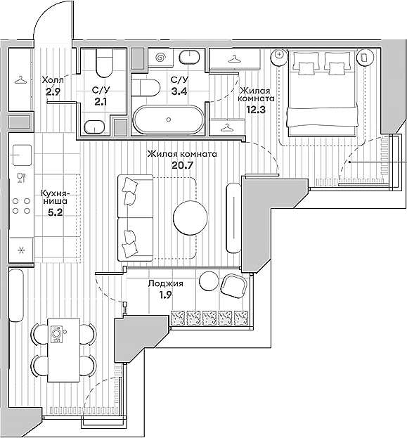 Планировка — Среда на Лобачевского, 2-комн., 47 м²