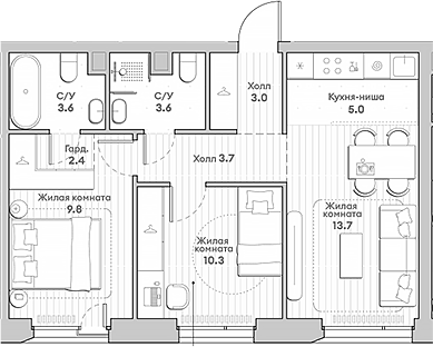 Планировка — Среда на Лобачевского, 3-комн., 55 м²