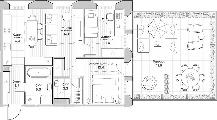 Планировка — Среда на Лобачевского, 3-комн., 54 м²
