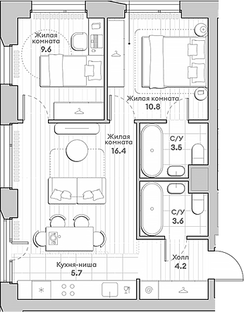 Планировка — Среда на Лобачевского, 3-комн., 54 м²