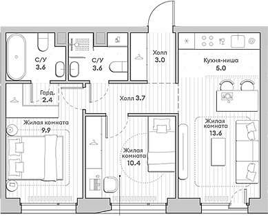 Планировка — Среда на Лобачевского, 3-комн., 55 м²