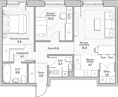 Планировка — Среда на Лобачевского, 3-комн., 61 м²