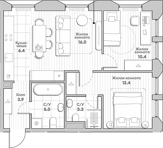 Планировка — Среда на Лобачевского, 3-комн., 57 м²