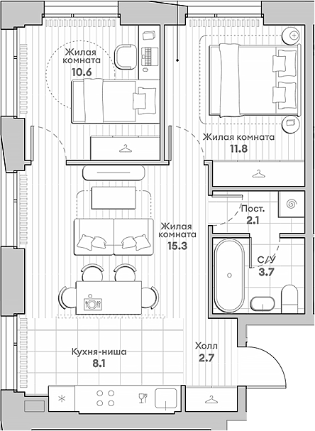 Планировка — Среда на Лобачевского, 3-комн., 54 м²