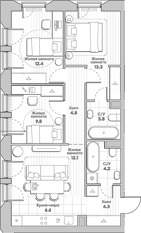 Планировка — Среда на Лобачевского, 4-комн., 71 м²