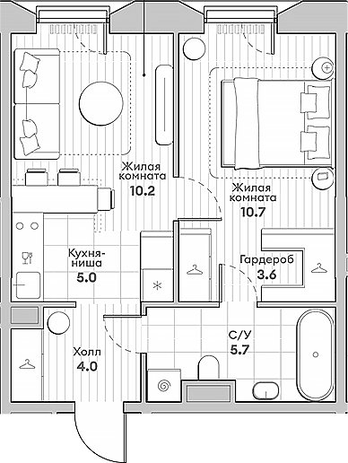 Планировка — Среда на Лобачевского, 2-комн., 39 м²