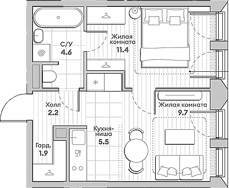 Планировка — Среда на Лобачевского, 2-комн., 35 м²