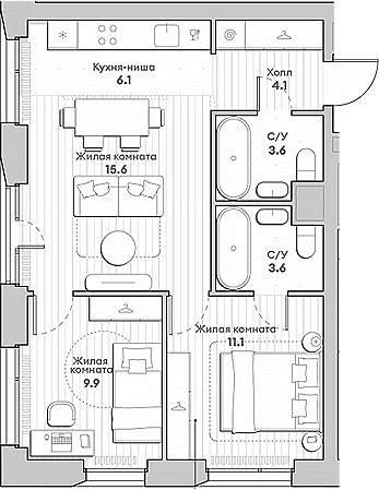 Планировка — Среда на Лобачевского, 3-комн., 54 м²