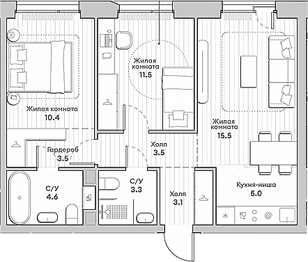 Планировка — Среда на Лобачевского, 3-комн., 60 м²