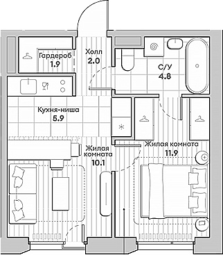 Планировка — Среда на Лобачевского, 2-комн., 37 м²