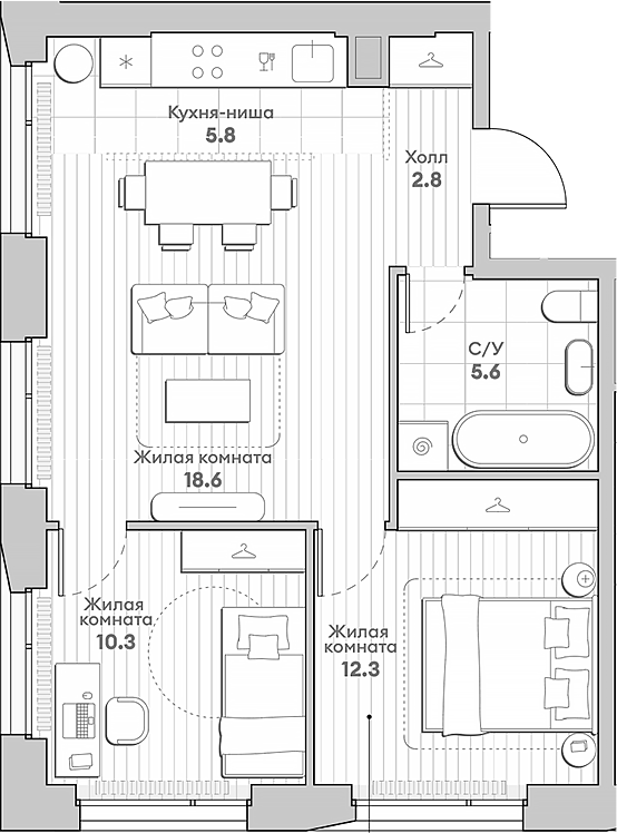 Планировка — Среда на Лобачевского, 3-комн., 55 м²