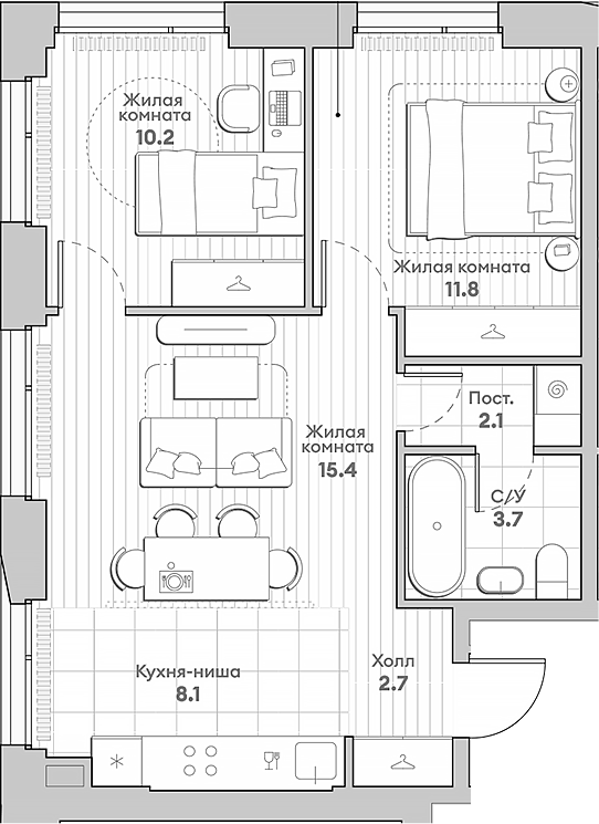 Планировка — Среда на Лобачевского, 3-комн., 54 м²