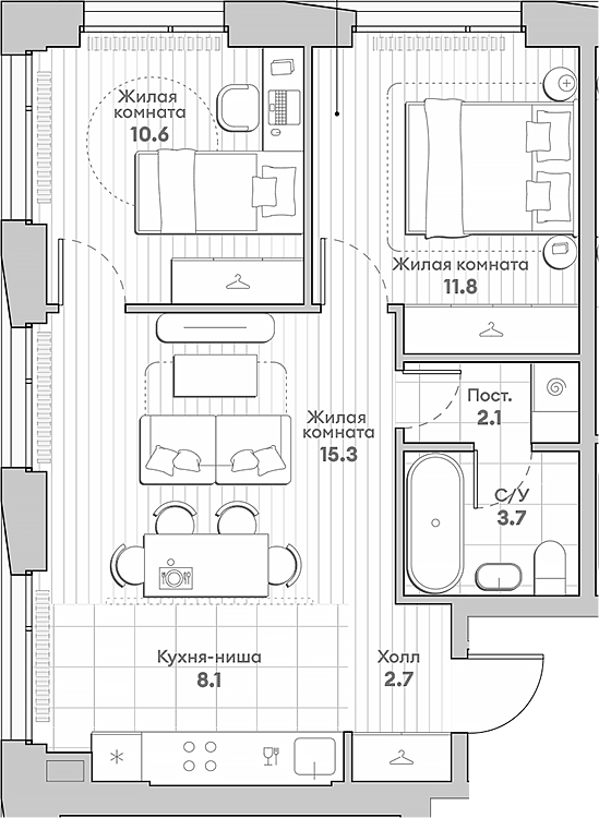 Планировка — Среда на Лобачевского, 3-комн., 54 м²