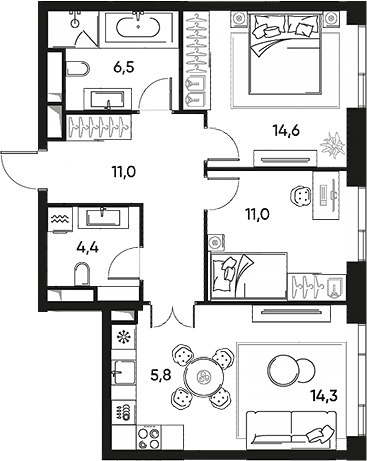 Планировка — ПРАЙД, 3-комн., 68 м²