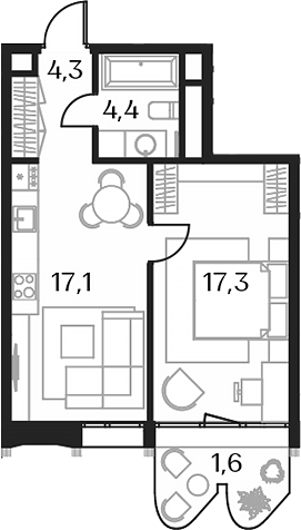 Планировка — Союз, 2-комн., 43 м²