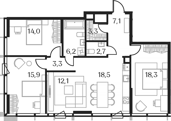 Планировка — Союз, 4-комн., 95 м²