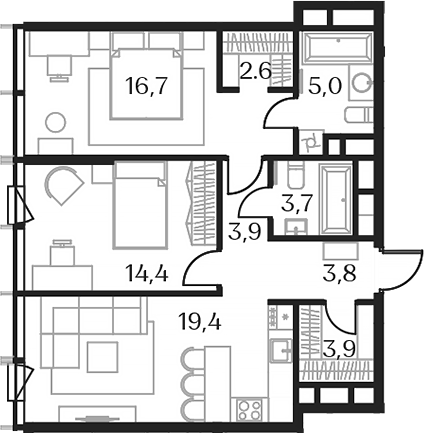 Планировка — Союз, 3-комн., 73 м²