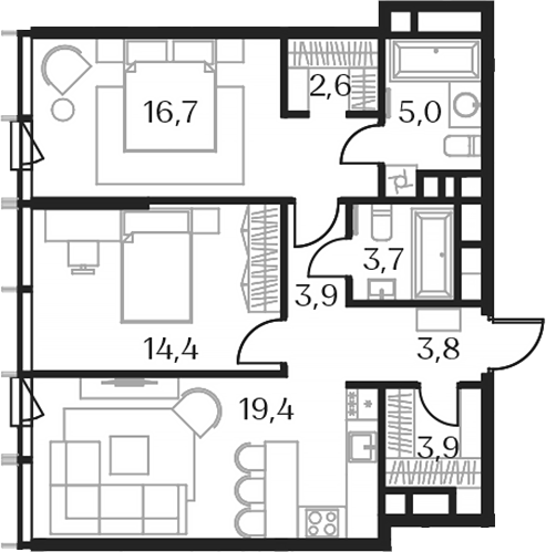 Планировка — Союз, 3-комн., 73 м²