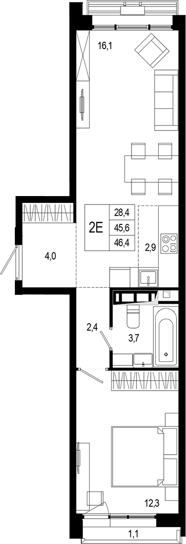 Планировка — Новая Щербинка, 2-комн., 46 м²