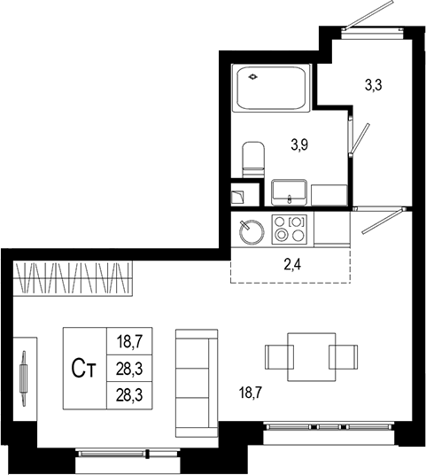 Планировка — Новая Щербинка, Студия, 28 м²