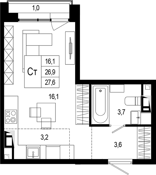Планировка — Новая Щербинка, Студия, 27 м²