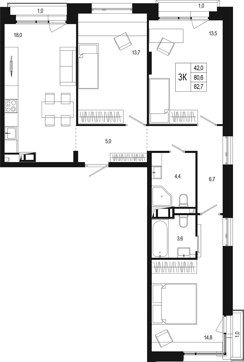 Планировка — Новая Щербинка, 3-комн., 81 м²