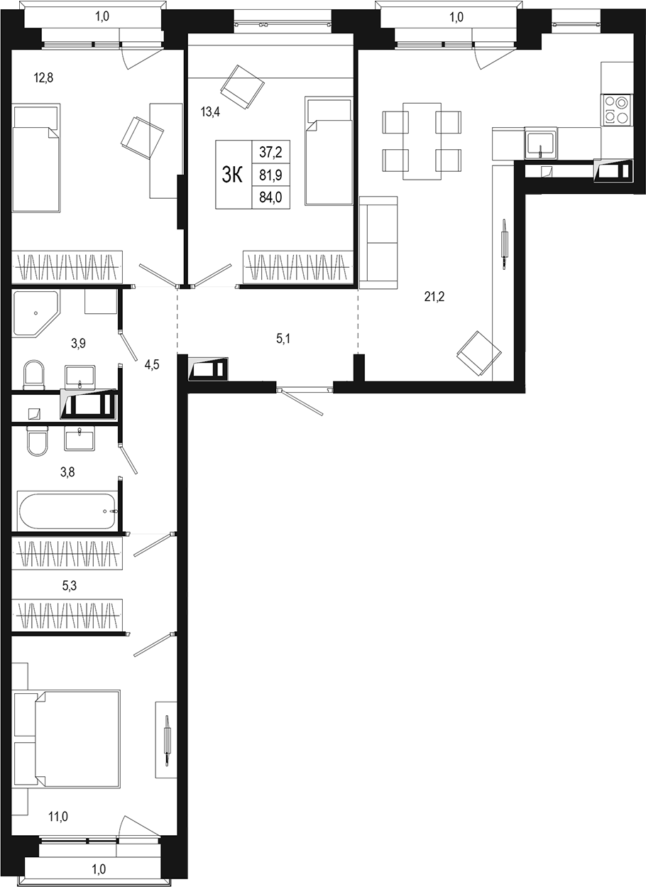 Планировка — Новая Щербинка, 3-комн., 82 м²