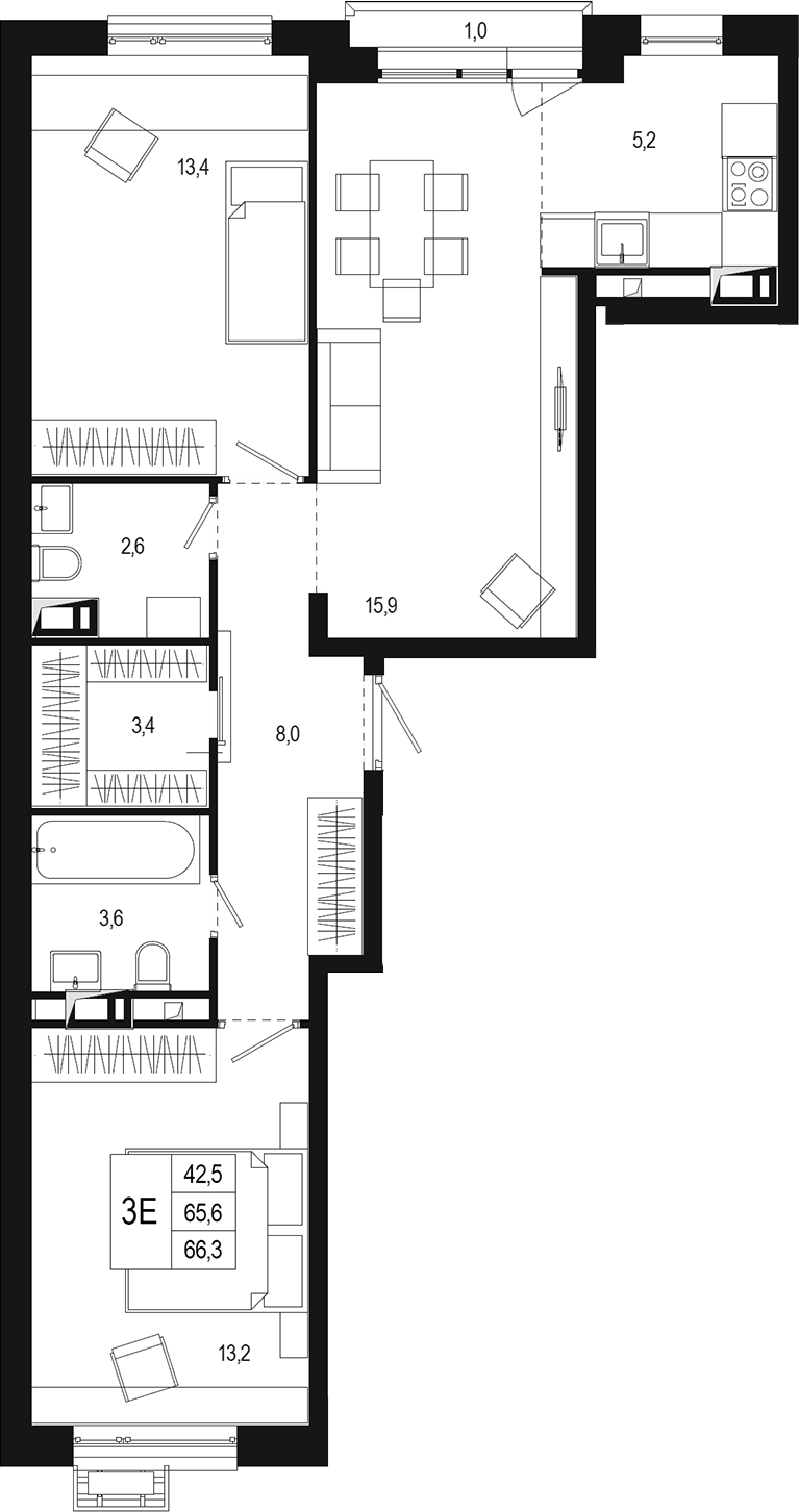 Планировка — Новая Щербинка, 3-комн., 66 м²