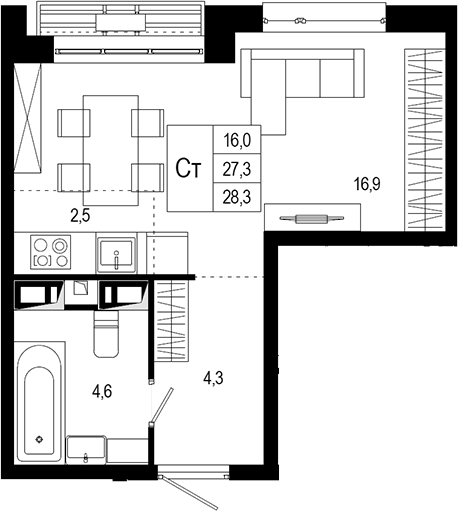 Планировка — Новая Щербинка, Студия, 28 м²